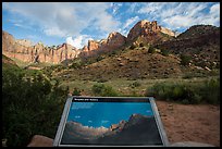 Temples and Towers intepretive Sign. Zion National Park, Utah, USA.