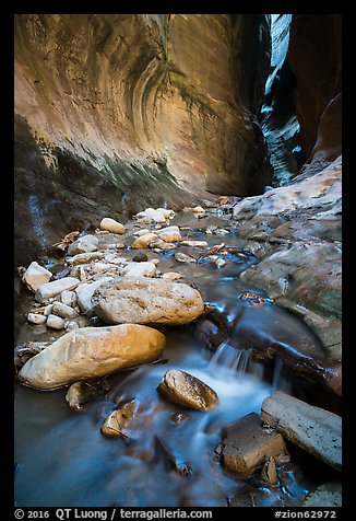 Cascading stream and boulders, Orderville Canyon. Zion National Park (color)