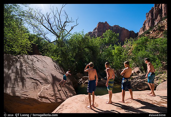 Children on rock above swimming hole, Pine Creek. Zion National Park (color)