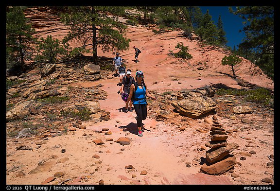 Cairn and hikers, Russell Gulch. Zion National Park (color)