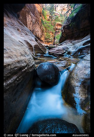 Cascades around boulders, Left Fork. Zion National Park (color)