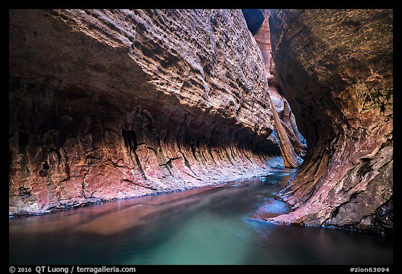 Left Fork flows in tight section of Upper Subway. Zion National Park (color)