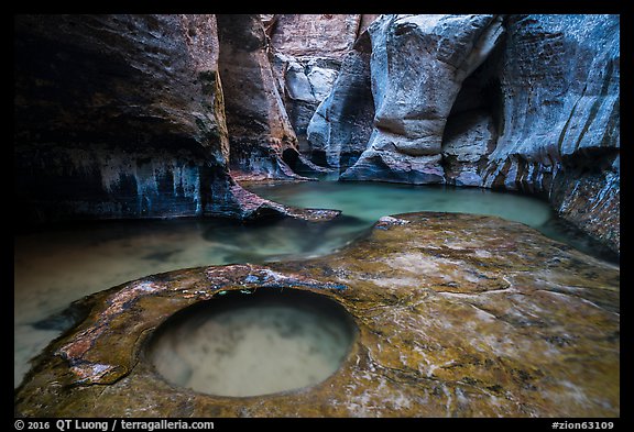Water flowing over pools and fluted walls, Subway. Zion National Park (color)
