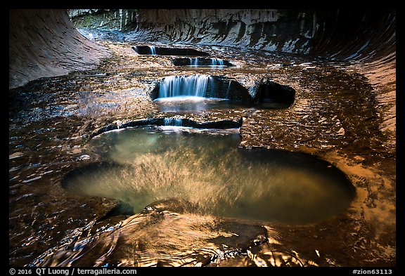 Golden reflections in pools, the Subway. Zion National Park (color)