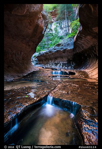 Water cascading over pools, the Subway. Zion National Park (color)