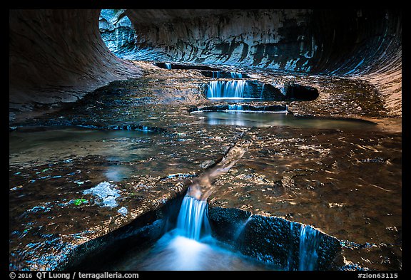 Cascades in tunnel-shaped canyon, the Subway. Zion National Park (color)