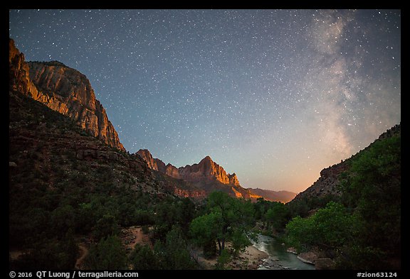 Virgin River, Watchman, and Milky Way. Zion National Park, Utah, USA.