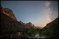 Virgin River, Watchman, and Milky Way. Zion National Park, Utah, USA.