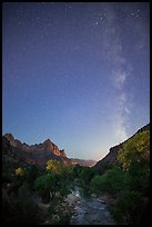 Virgin River, Watchman, and Milky Way at dawn. Zion National Park, Utah, USA.