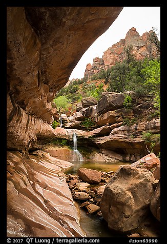 Striated alcove, waterfall, and rock towers, Pine Creek Canyon. Zion National Park (color)