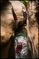 Canyoneers swim through narrows, Upper Left Fork. Zion National Park, Utah ( color)