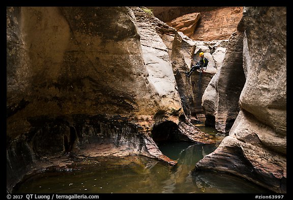 Canyonneer descends into the Subway. Zion National Park, Utah (color)