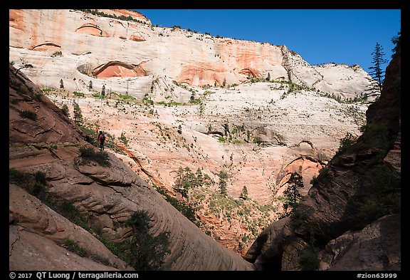 Canyonneers walk on ledge, Behunin Canyon. Zion National Park, Utah (color)