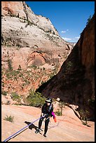 Canyonneer rappels on slab, Behunin Canyon. Zion National Park, Utah ( color)