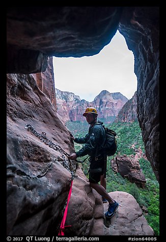 Preparing for final rappel in Behunin Canyon. Zion National Park, Utah (color)