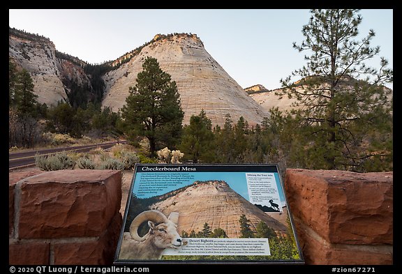 Checkerboard Mesa interpretive sign. Zion National Park, Utah, USA.