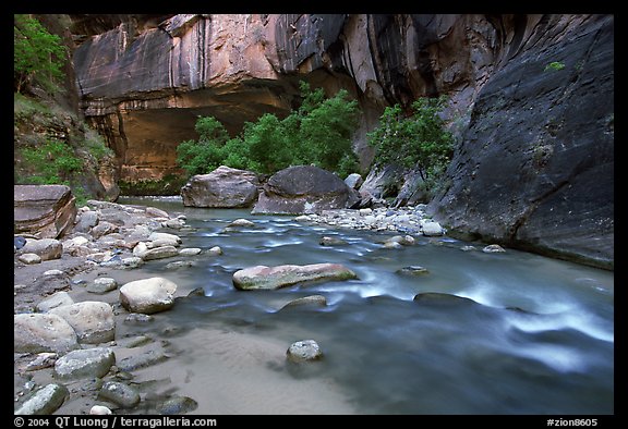 Alcove and Virgin River in the Narrows. Zion National Park, Utah, USA.