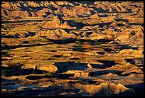 Badland ridges and prairie from above, sunrise. Badlands National Park, South Dakota, USA.