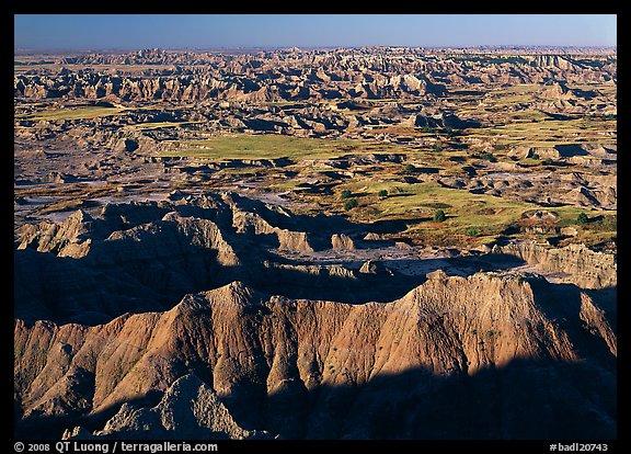 Badlands and prairie seen from above. Badlands National Park, South Dakota, USA.