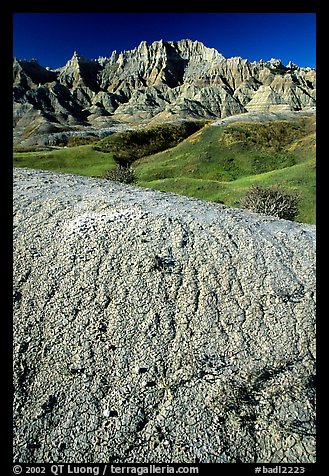 Mudstone badlands and grass prairie. Badlands National Park (color)