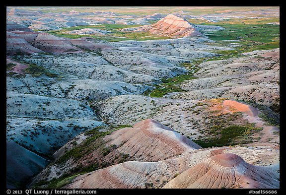 Eroded buttes at sunrise, Panorama Point. Badlands National Park, South Dakota, USA.