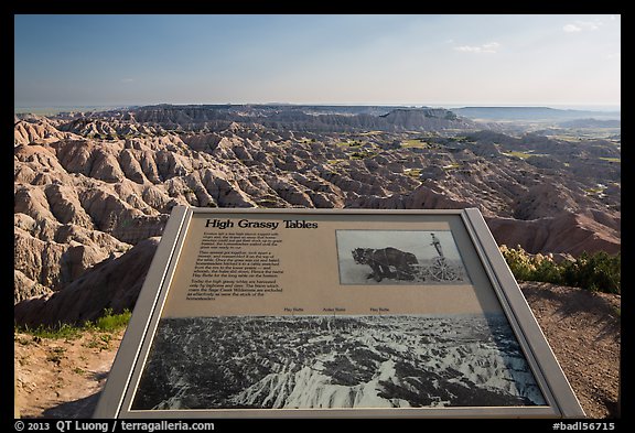 Interpretative sign, Sage Creek badlands. Badlands National Park, South Dakota, USA.