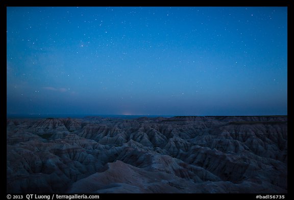 Badlands from above at night. Badlands National Park, South Dakota, USA.