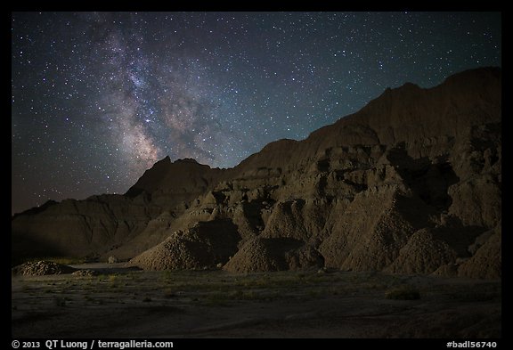 Starry sky and Milky Way above buttes. Badlands National Park, South Dakota, USA.