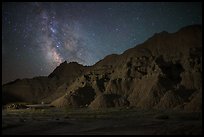 Starry sky and Milky Way above buttes. Badlands National Park ( color)