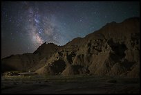 Starry sky and Milky Way above buttes. Badlands National Park, South Dakota, USA.