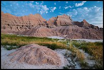 Grasses, cracked soil, and sharp peaks at dawn. Badlands National Park ( color)