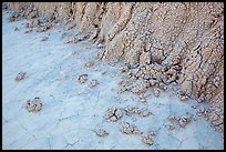 Base of butte with mudstone rolling onto flat soil. Badlands National Park, South Dakota, USA. (color)