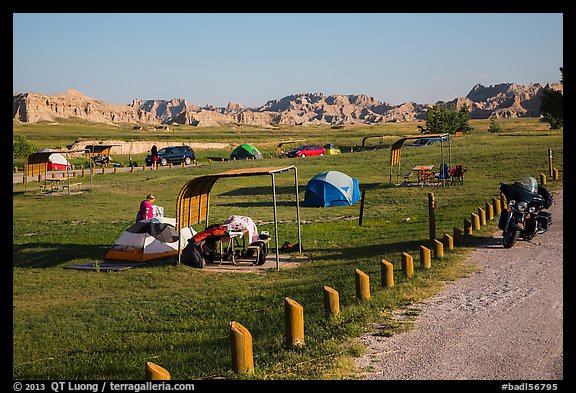 Motorcyle camping. Badlands National Park, South Dakota, USA.