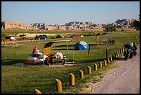 Motorcyle camping. Badlands National Park, South Dakota, USA. (color)