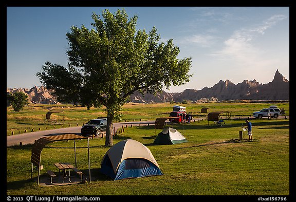 Campground and badlands. Badlands National Park, South Dakota, USA.