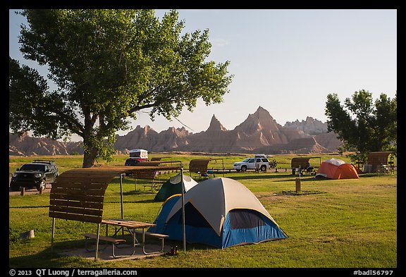 Tent camping. Badlands National Park, South Dakota, USA.