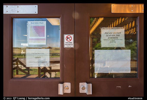 Rolling hills, White River Visitor Center window reflexion. Badlands National Park (color)