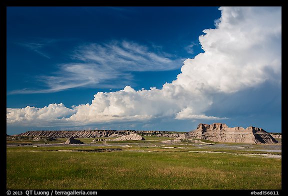 Afternoon clouds above buttes and prairie, South Unit. Badlands National Park (color)