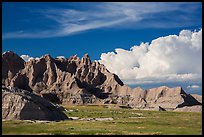 Badlands and afternoon clouds, Stronghold Unit. Badlands National Park, South Dakota, USA. (color)