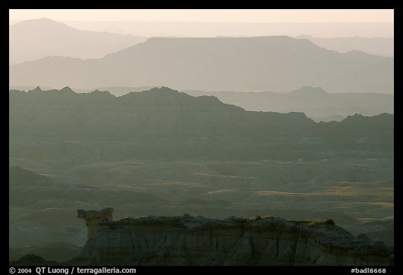 Backlit ridges of the Stronghold table in the southern unit, sunrise. Badlands National Park (color)