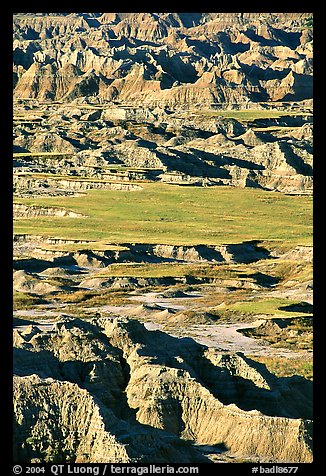 Badlands mixed with prairie from Pinacles overlook, morning. Badlands National Park, South Dakota, USA.