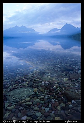 Peebles in lake McDonald and mountains. Glacier National Park, Montana, USA.