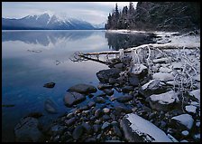 Snowy shoreline of Lake Mc Donald in winter. Glacier National Park, Montana, USA.