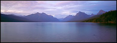 Mountains rising above calm lake in the evening. Glacier National Park (Panoramic color)