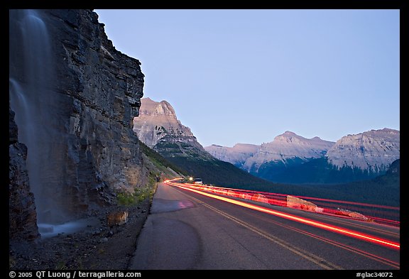 Roadside waterfall and light trail, Going-to-the-Sun road. Glacier National Park (color)