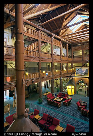 Main lobby of Many Glacier Lodge. Glacier National Park, Montana, USA.