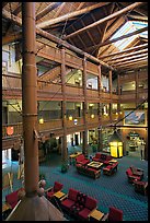 Main lobby of Many Glacier Lodge. Glacier National Park, Montana, USA. (color)