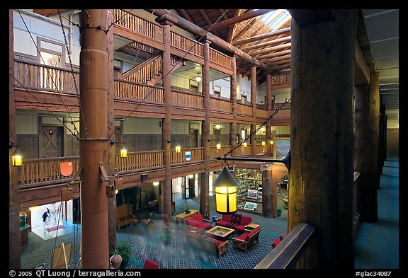 Main hall of Many Glacier Lodge. Glacier National Park, Montana, USA.