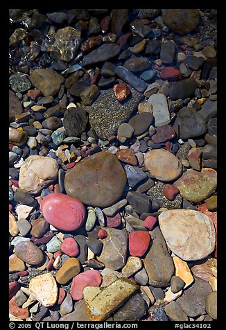 Colorful pebbles and shadow. Glacier National Park, Montana, USA.