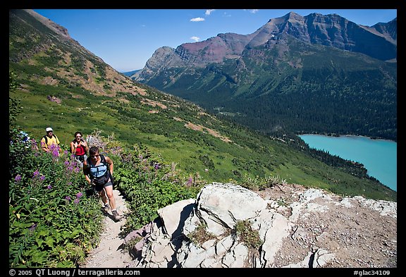 Women hiking on the Grinnell Glacier trail. Glacier National Park (color)